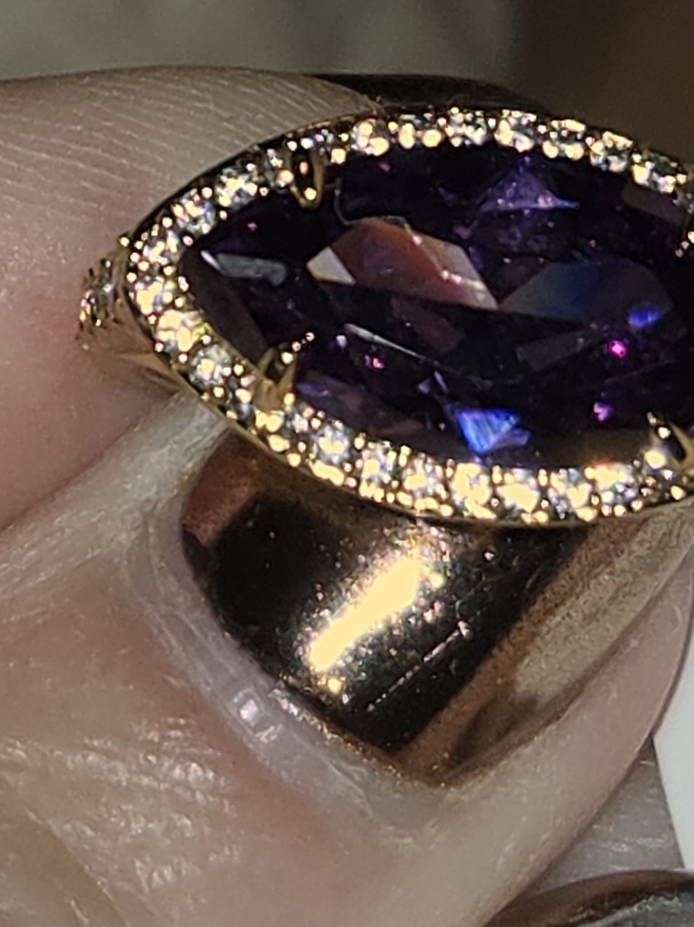 Park Lane Gold Ring with Purple Marquise Stone and Pavé Halo